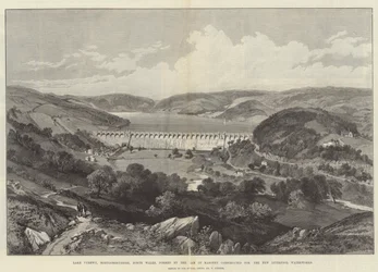Lake Vyrnwy, Montgomeryshire, Noord-Wales, gevormd door de dam van metselwerk gebouwd voor de nieuwe Liverpool Waterwerken